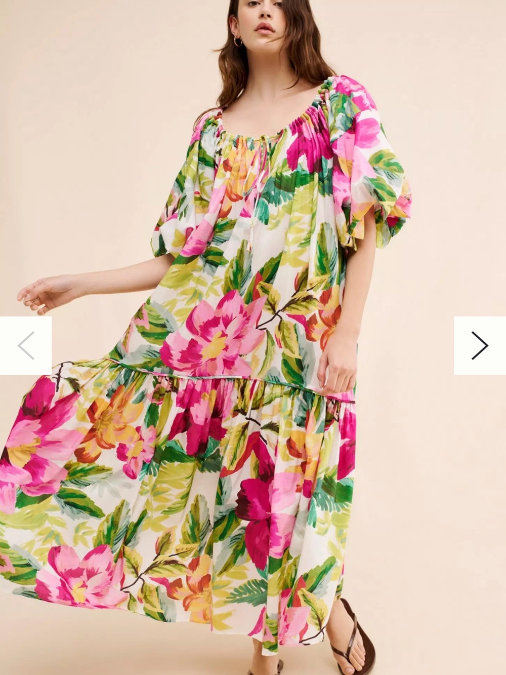 FARM Rio Pink, Green & Yellow Floral Puff-Sleeve Maxi Dress